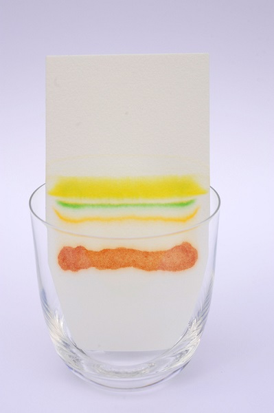 Paper chromatography separates coloured components using stationary and mobile phases
