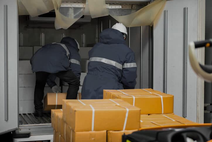 A pair of QA professionals unloading pharmaceutical products from storage after completing their pharmaceutical training