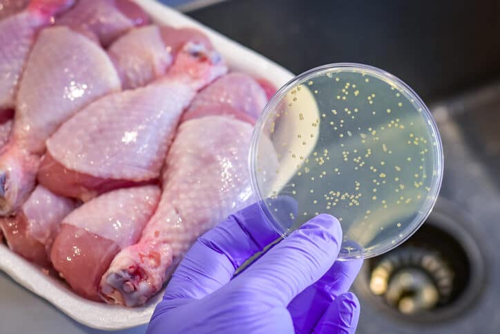 A food safety professional examining bacterial growth from poultry in a petri dish for Food Safety Training